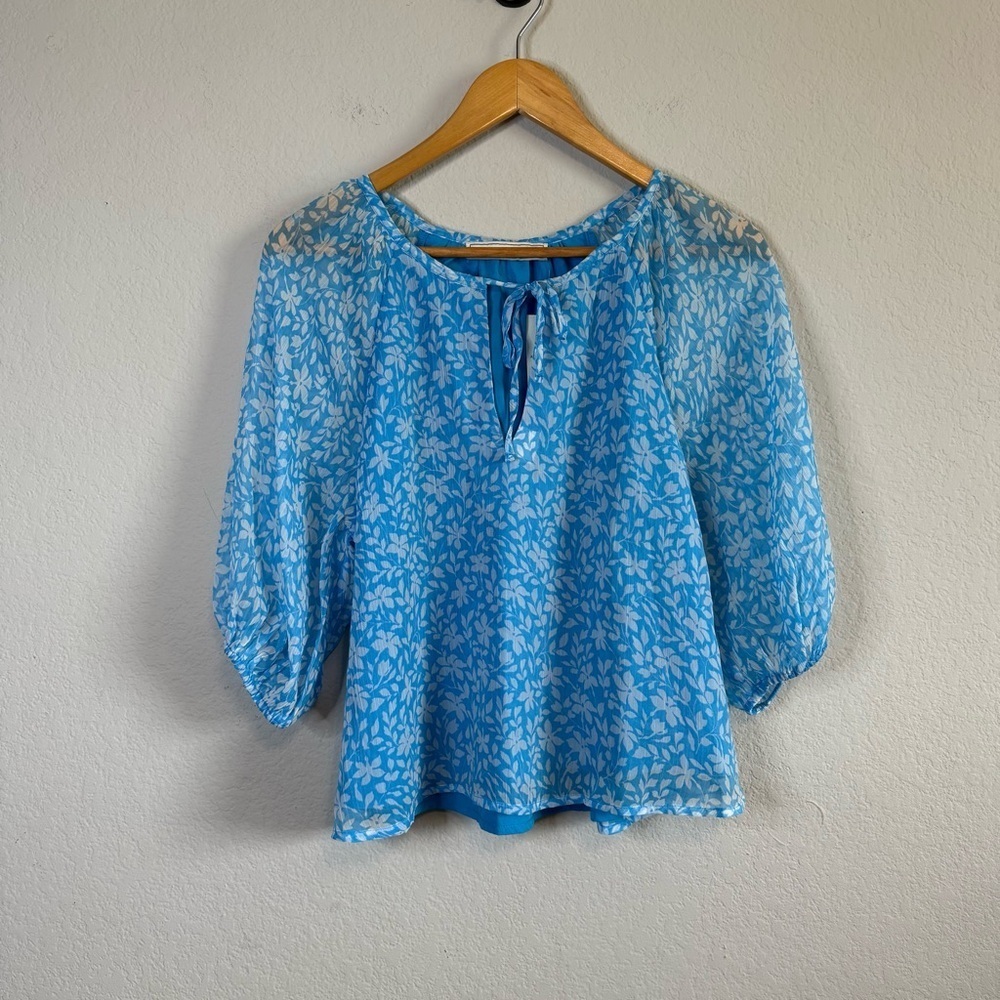 NWT Abercrombie & Fitch Light Sky Blue White Sheer Lined Puff Stretch Sleeve Top